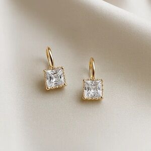 Gold-Tone Square CZ Drop Earrings - Sparkling Clear Stones